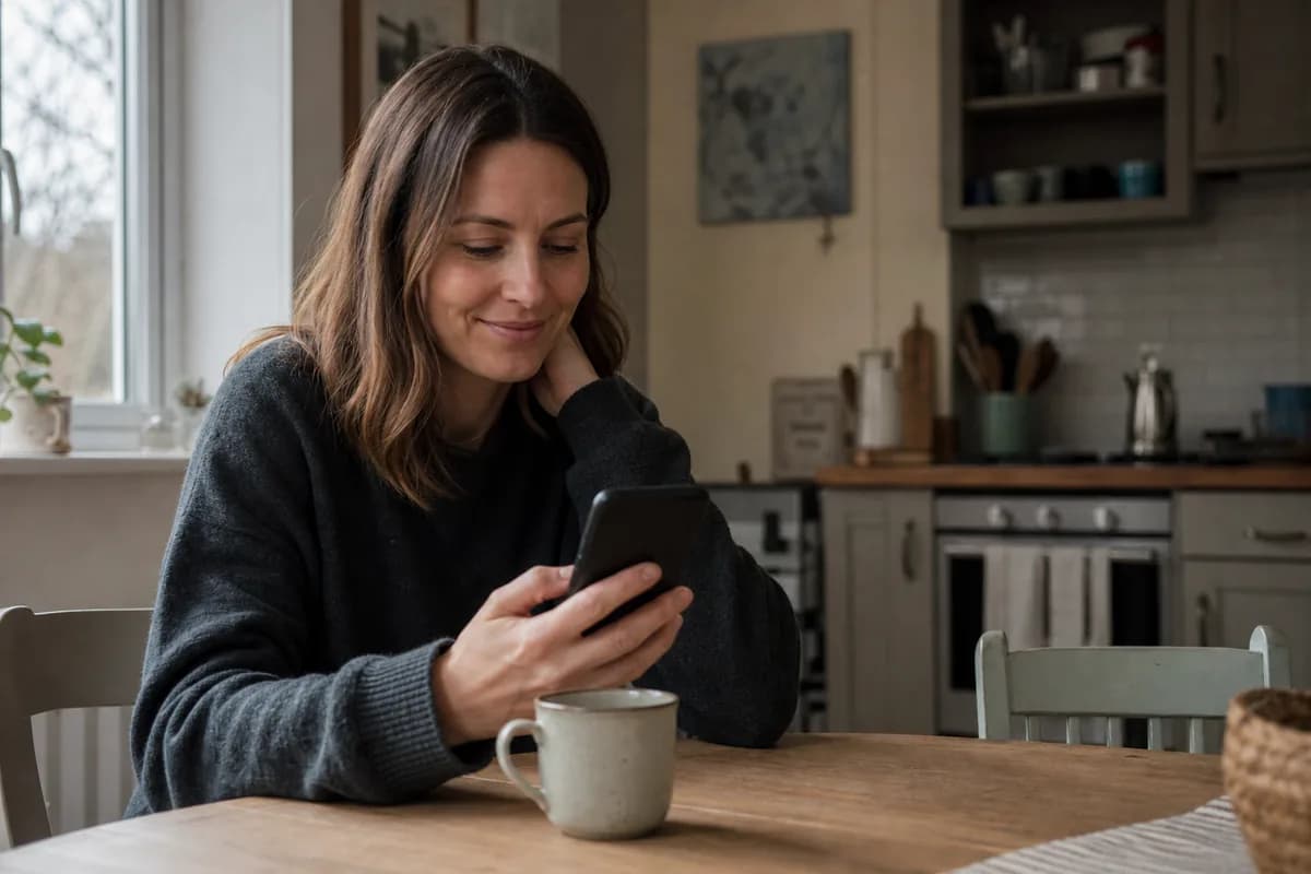 A woman at her kitchen table checking her phone over a cup of tea