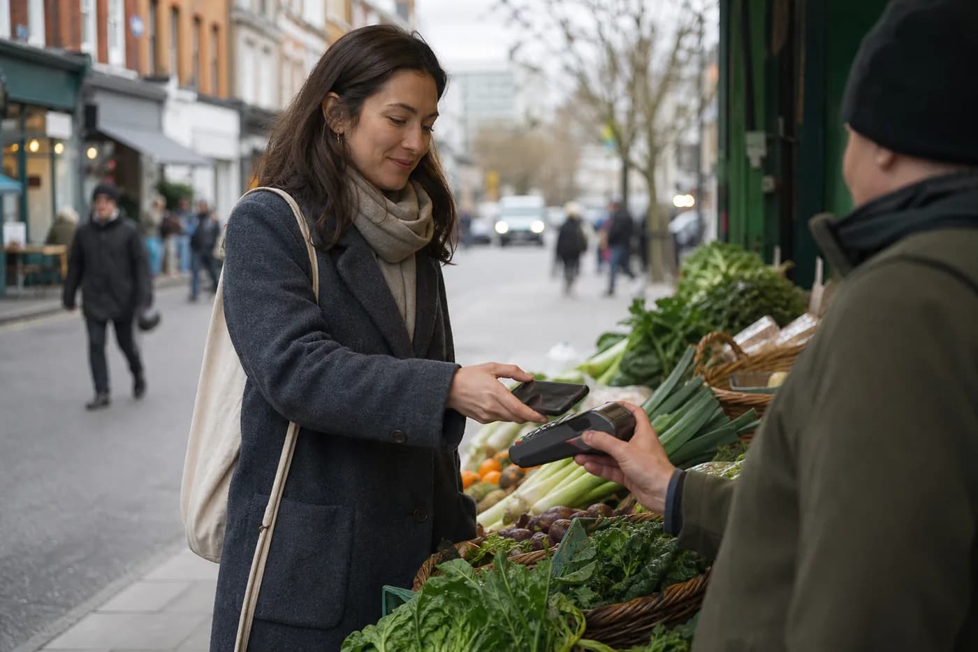 A shopper paying by phone at a greengrocer's stall on a British high street